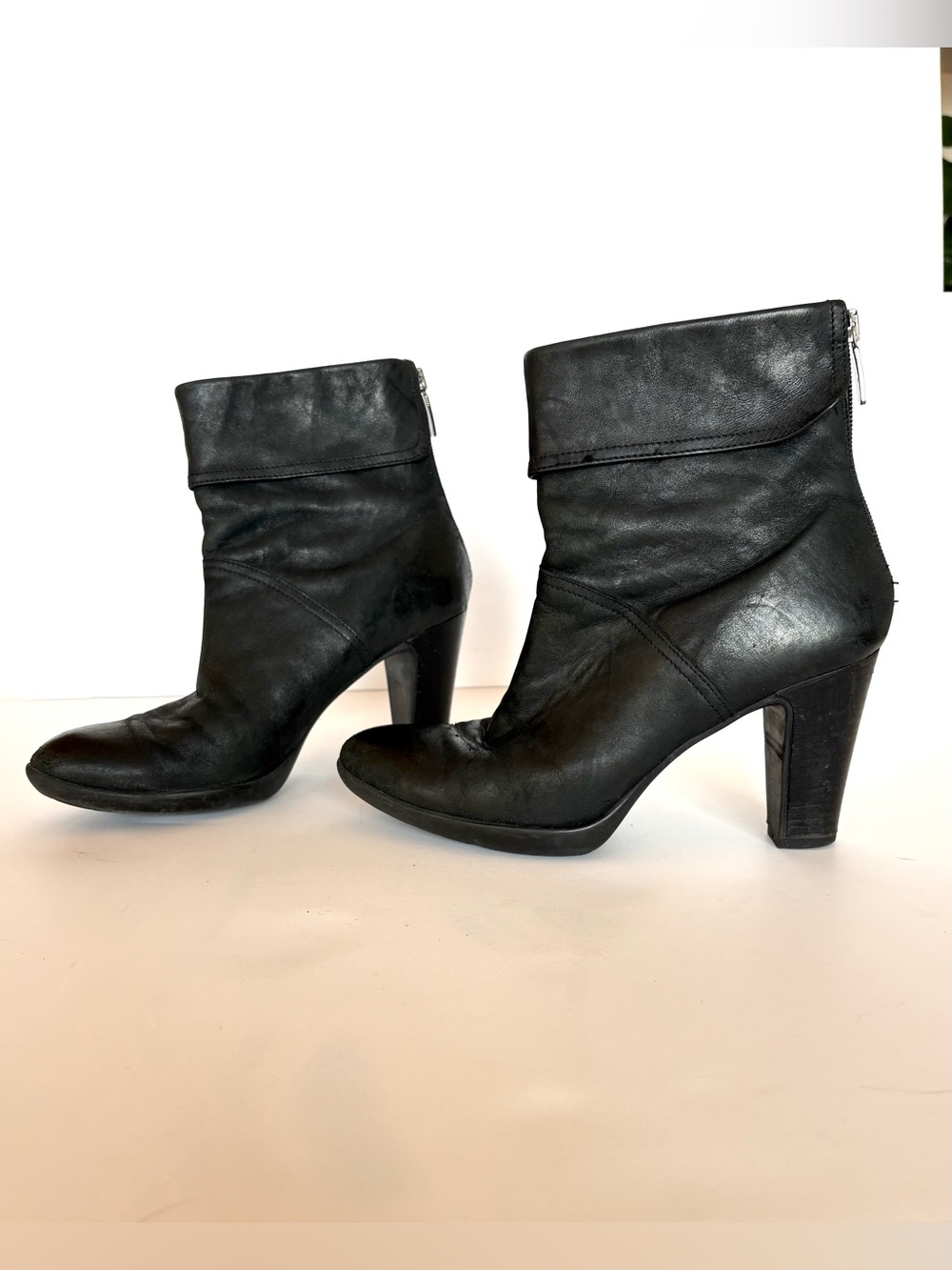 Women's Black Fold-Over Ankle Boots - High Heel Booties, Genuine Leather Size 9